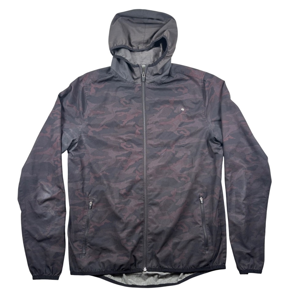 Vuori Outdoor Trainer Shell Jacket Mens M Black Camo Hooded Full Zip Windbreaker